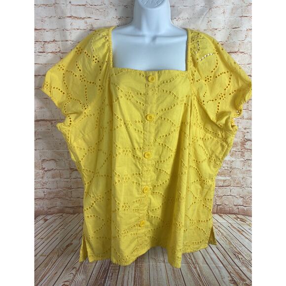 Lane Bryant Blouse Sz 24 (3X) Yellow Eyelet Classic Top Short Sleeve Cotton - Picture 8 of 8